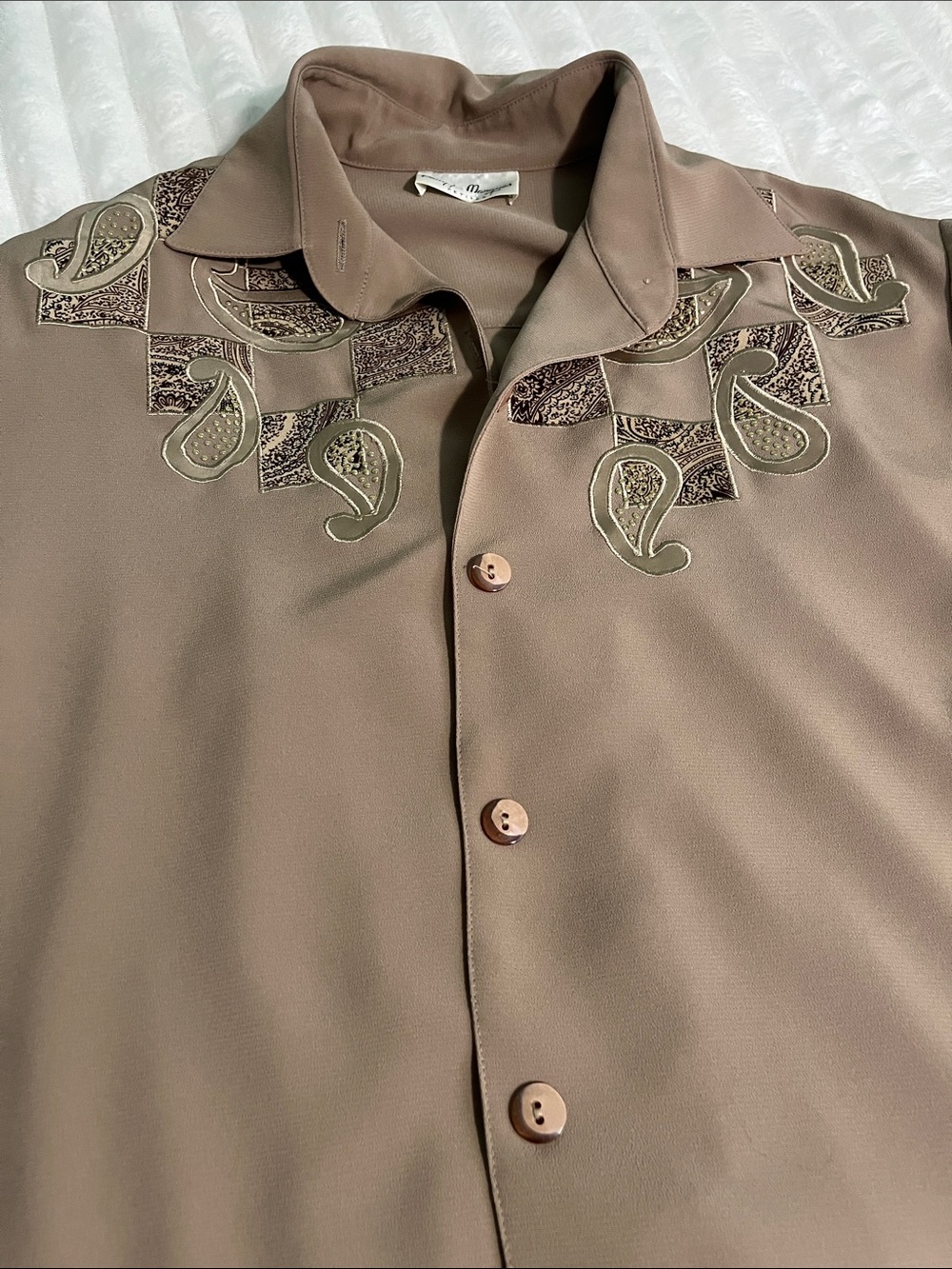 Womens Taupe Embroidered Button-Front Blouse